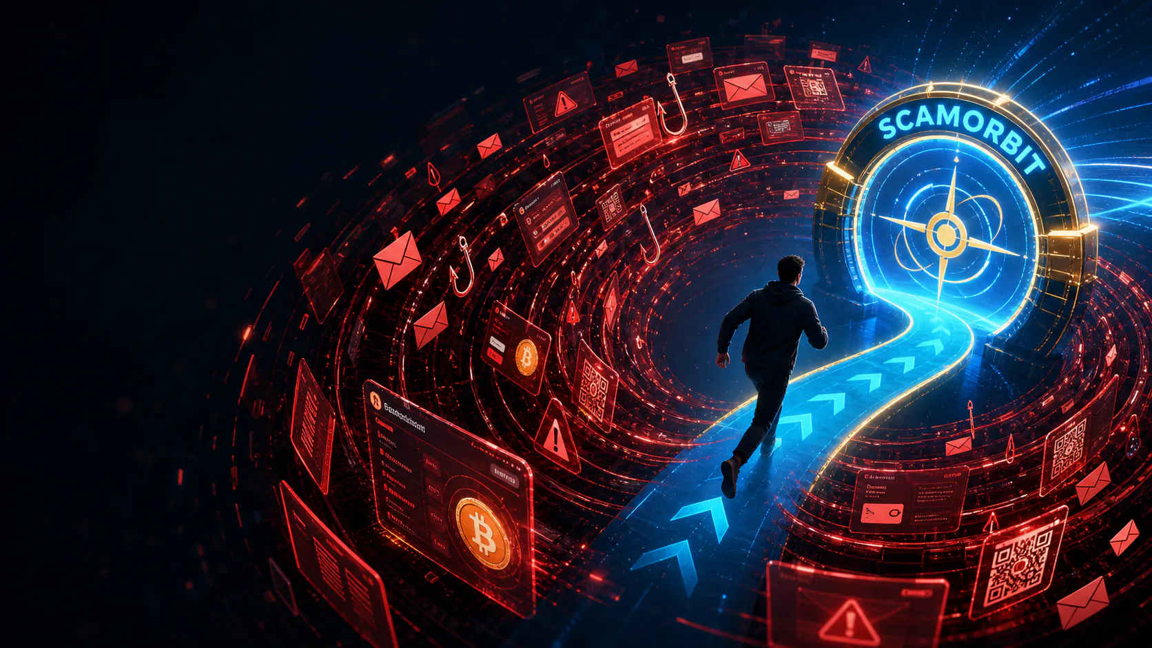 Человек выходит из красной воронки скама по синему маршруту к компасу SCAMORBIT